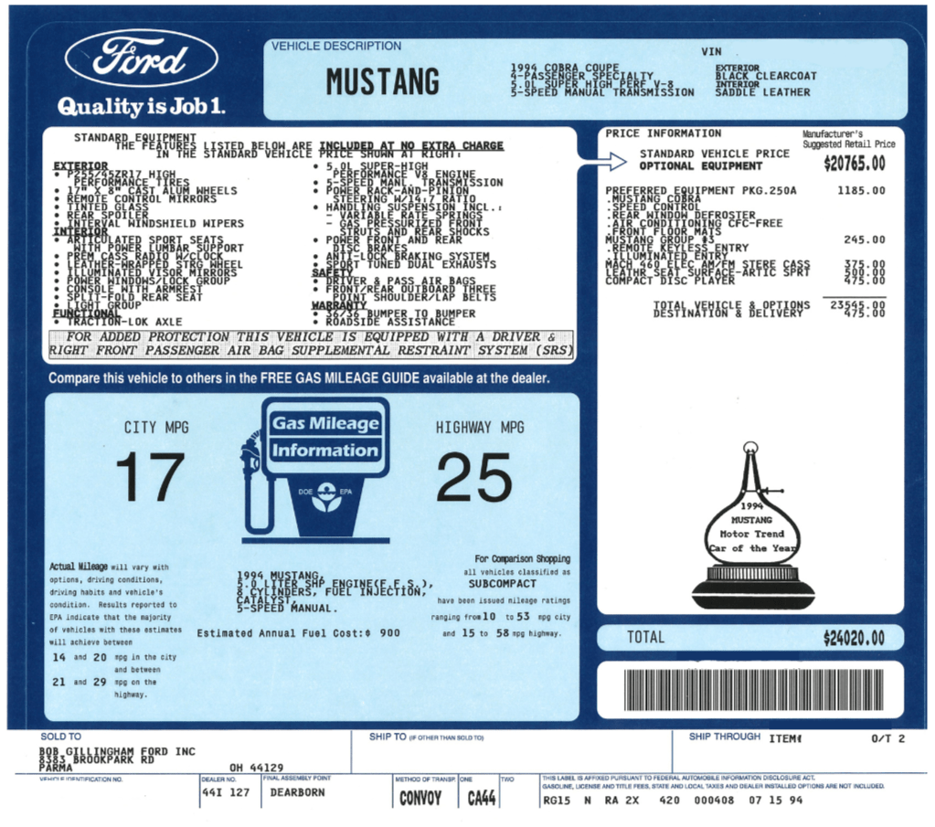 1987 - 1997 Mustang Window Sticker (PLEASE READ FULL DESCRIPTION) - Ford Show Parts
