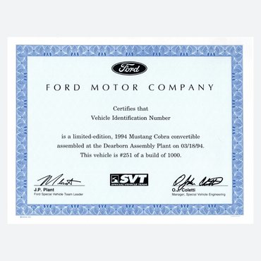 1994 SVT Cobra Indy Pace Car Certificate Package - Ford Show Parts