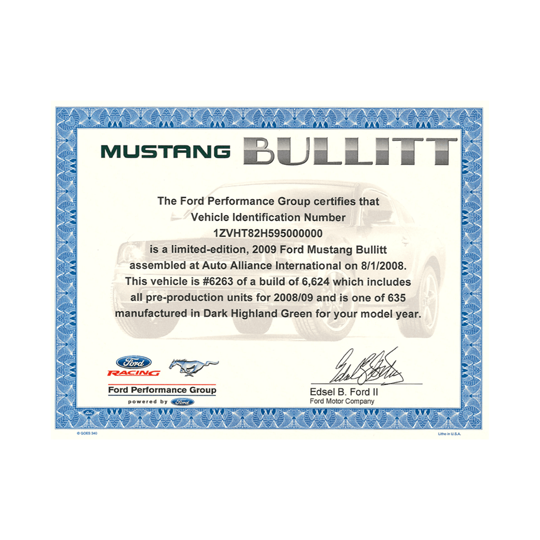 2001, 2008 - 09 Mustang Bullitt Certificate - Ford Show Parts