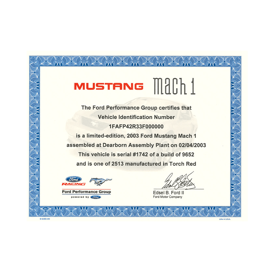 2003 - 2004 Mustang Mach 1 Certificate - Ford Show Parts