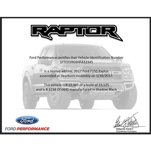 2010 - 2017 F - 150 Raptor Certificate - Ford Show Parts