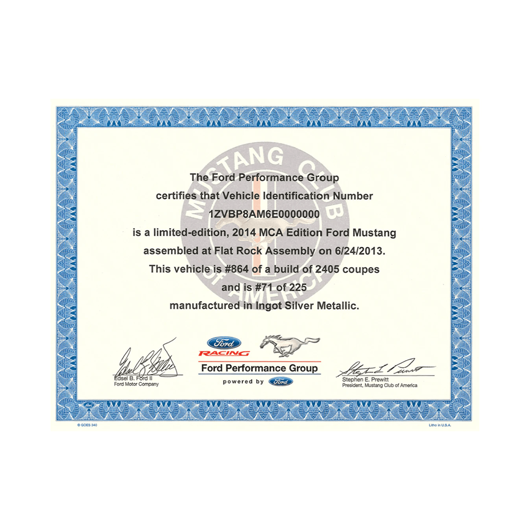 2011 - 2014 Mustang MCA EDITION Certificate - Ford Show Parts