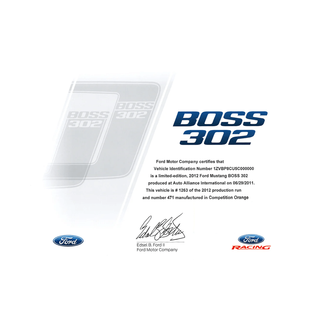 2012 - 2013 BOSS 302 Certificate Package - Ford Show Parts