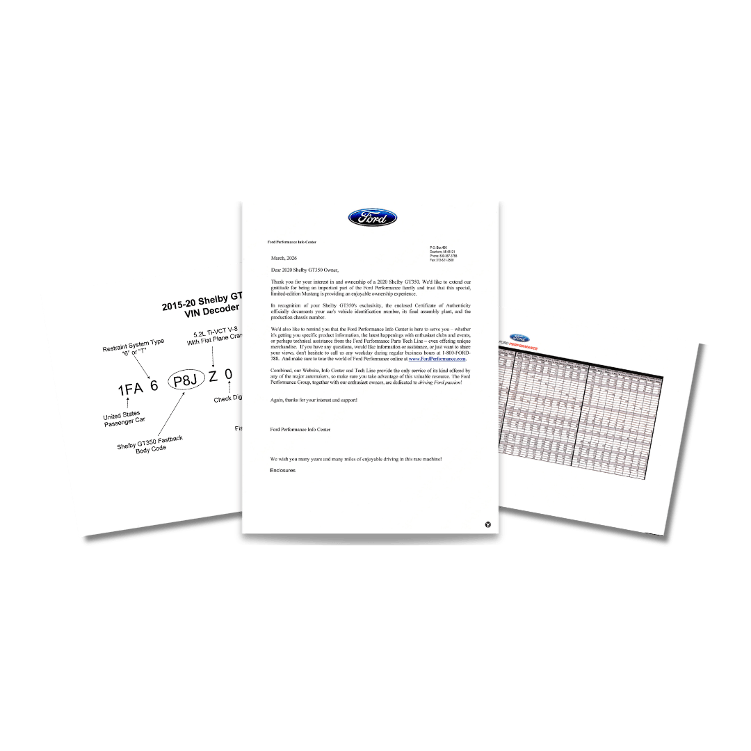 2015 - 2020 Shelby GT350 Certificate Package - Ford Show Parts