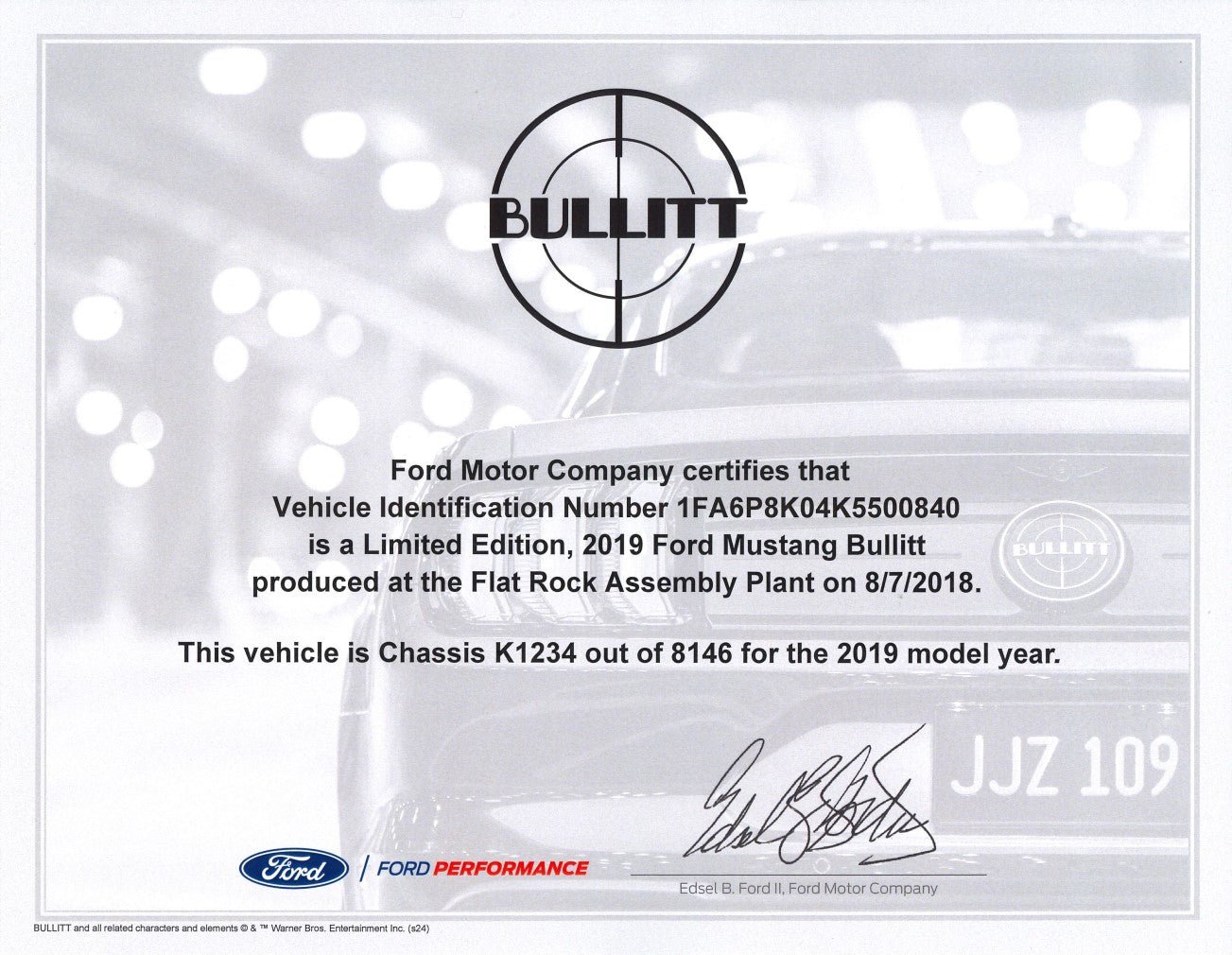 2019 - 2020 Mustang Bullitt Certificate of Authenticity - Ford Show Parts
