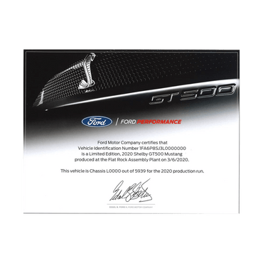 2020 - 2022 Shelby GT500 Certificate of Authenticity - Ford Show Parts