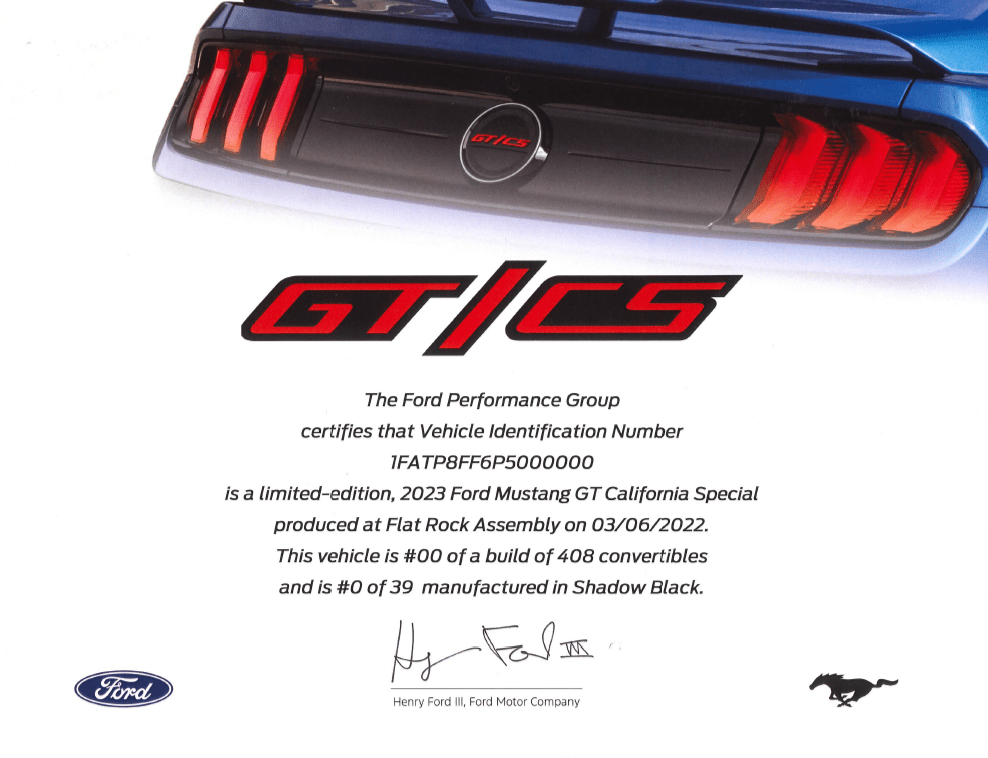 2022 - 2023 Mustang GT California Special Certificate - Ford Show Parts