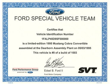 Ford SVT Certificate Package - Ford Show Parts