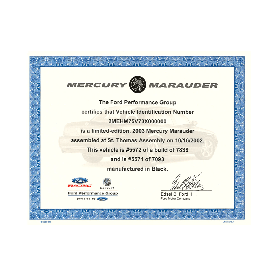 Mercury Marauder Certificate - Ford Show Parts