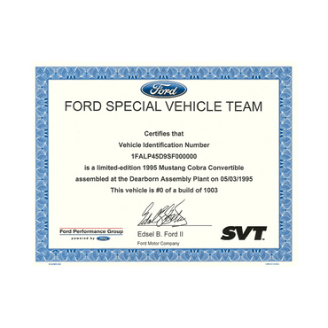 SVT Certificate - Ford Show Parts