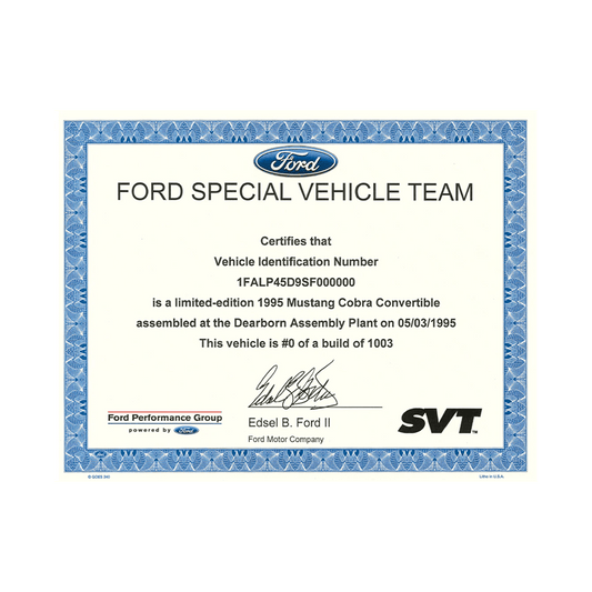 SVT Certificate - Ford Show Parts