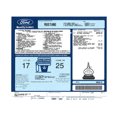 1987 - 1997 Mustang Window Sticker (PLEASE READ FULL DESCRIPTION) - Ford Show Parts