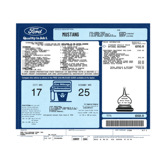 1987 - 1997 Mustang Window Sticker (PLEASE READ FULL DESCRIPTION) - Ford Show Parts