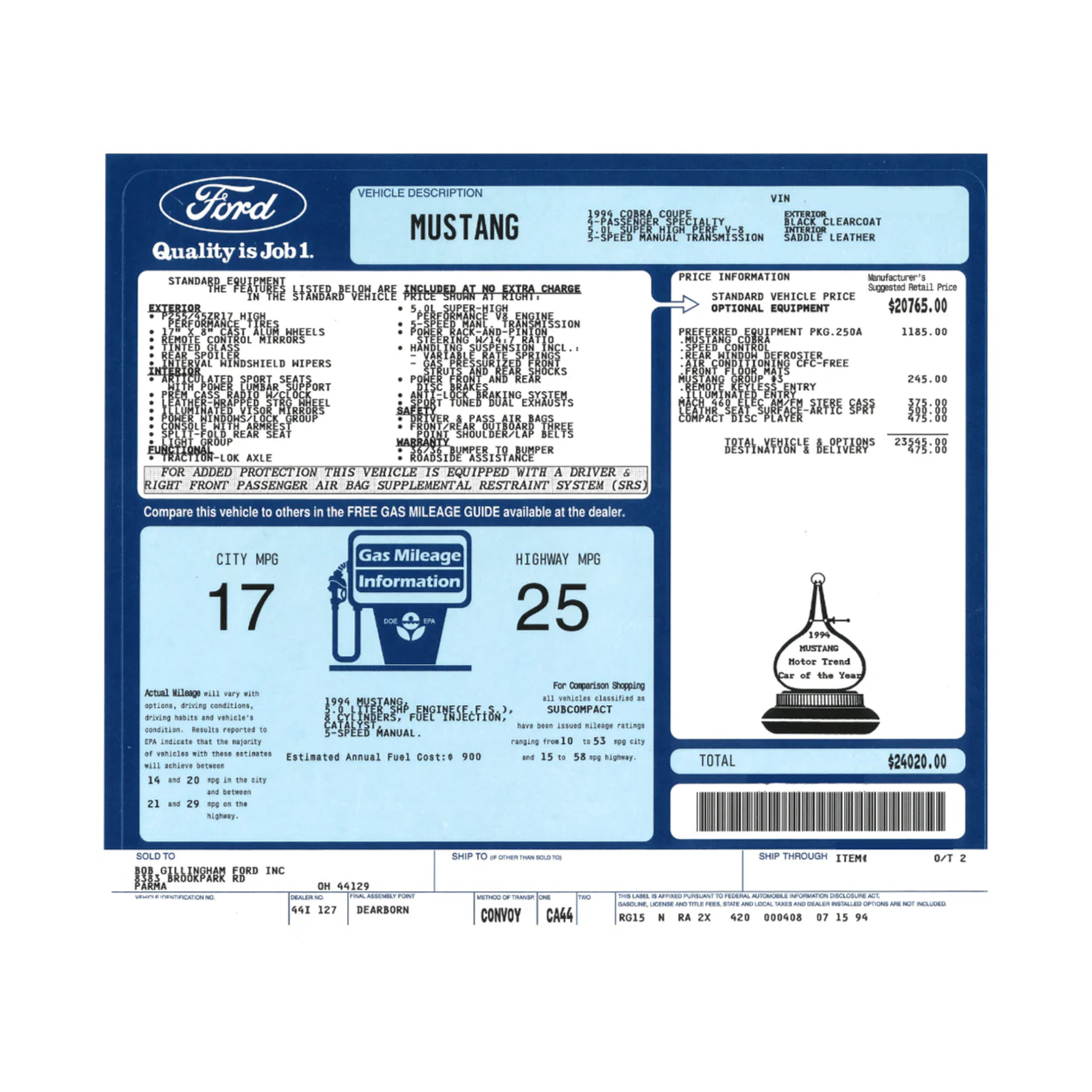 1987 - 1997 Mustang Window Sticker (PLEASE READ FULL DESCRIPTION) - Ford Show Parts