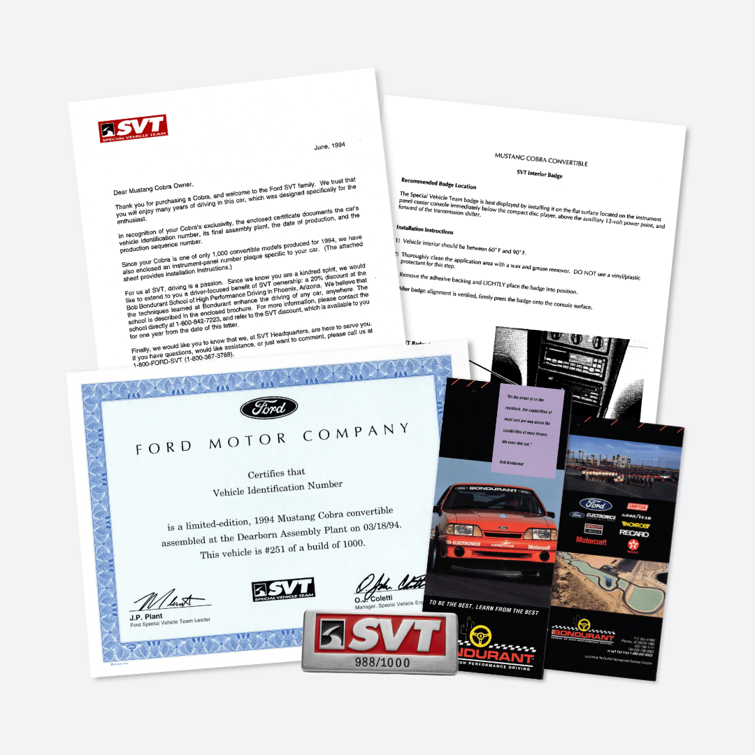 1994 SVT Cobra Indy Pace Car Certificate Package - Ford Show Parts