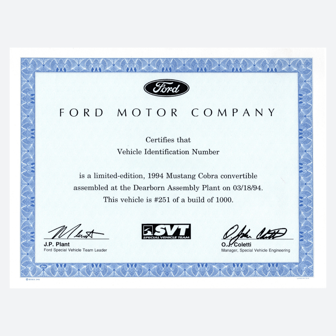 1994 SVT Cobra Indy Pace Car Certificate Package - Ford Show Parts