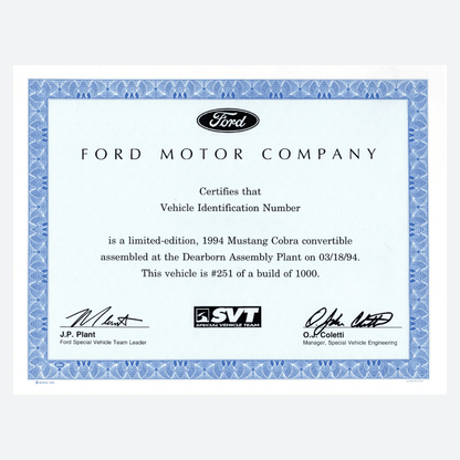 1994 SVT Cobra Indy Pace Car Certificate Package - Ford Show Parts
