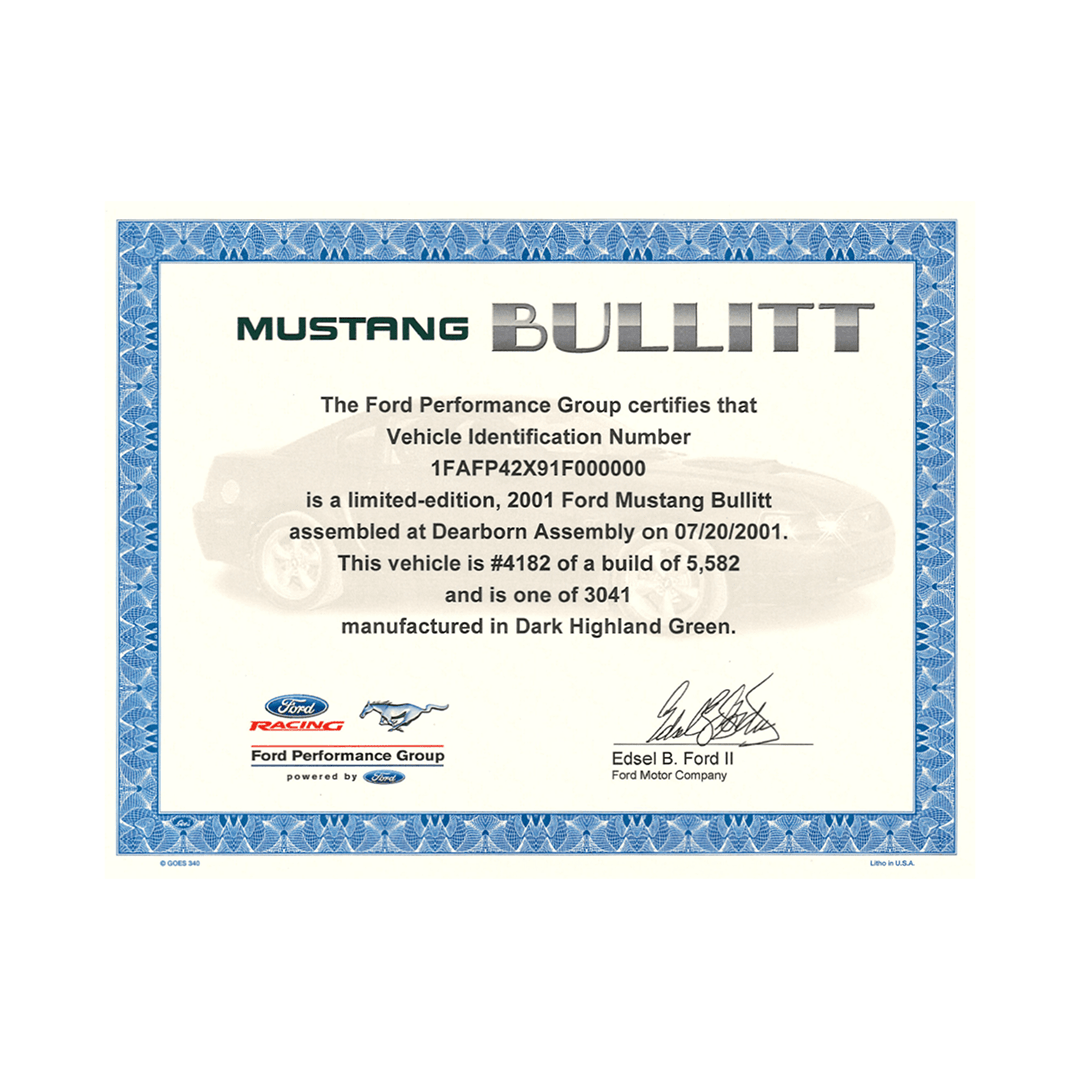 2001, 2008 - 09 Mustang Bullitt Certificate - Ford Show Parts