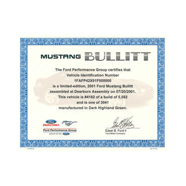 2001, 2008 - 09 Mustang Bullitt Certificate - Ford Show Parts