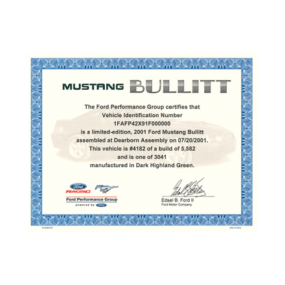2001, 2008 - 09 Mustang Bullitt Certificate - Ford Show Parts