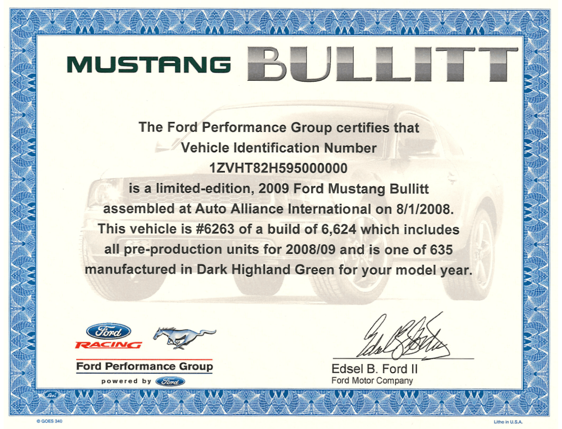 2001, 2008 - 09 Mustang Bullitt Certificate - Ford Show Parts