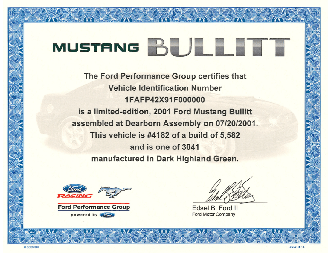 2001, 2008 - 09 Mustang Bullitt Certificate - Ford Show Parts