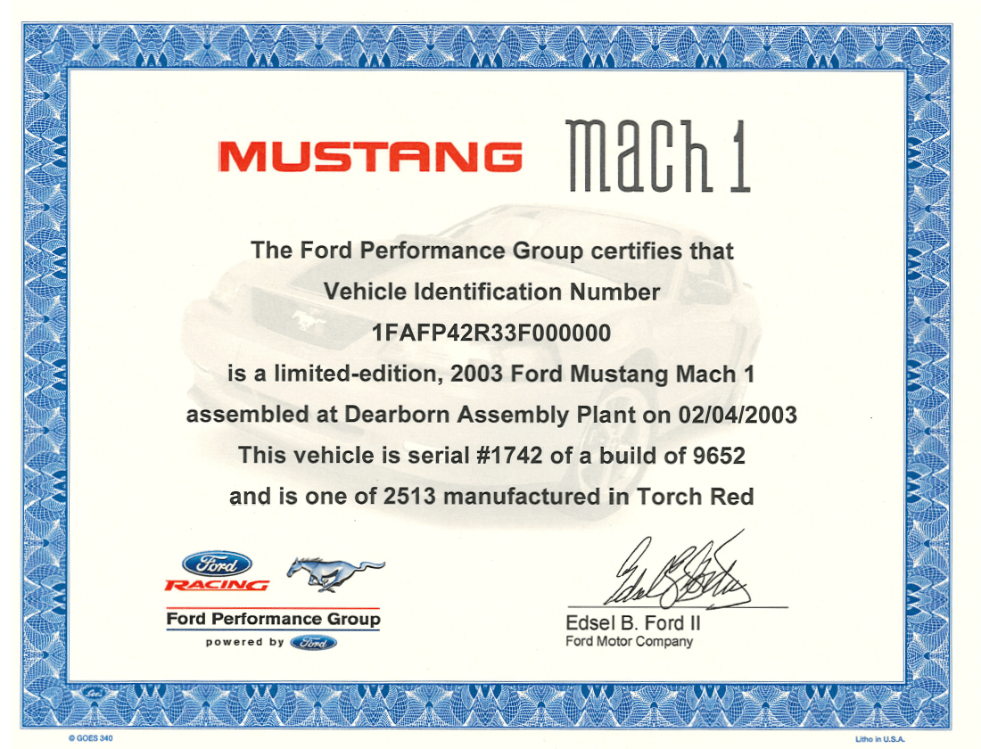 2003 - 2004 Mustang Mach 1 Certificate - Ford Show Parts