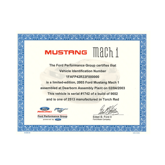2003 - 2004 Mustang Mach 1 Certificate - Ford Show Parts