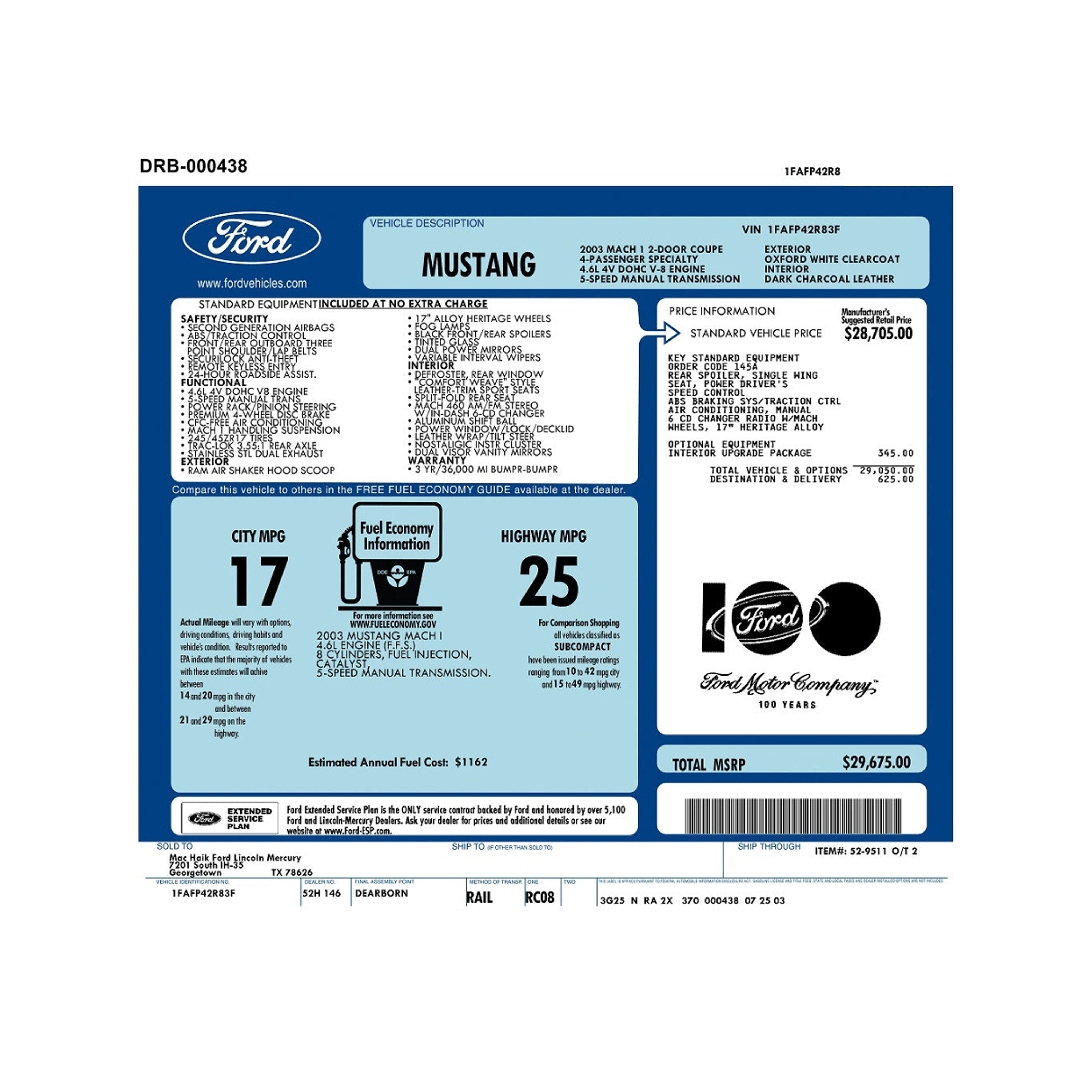 2003 - 2004 Mustang Mach 1 Window Sticker (PLEASE READ FULL DESCRIPTION) - Ford Show Parts