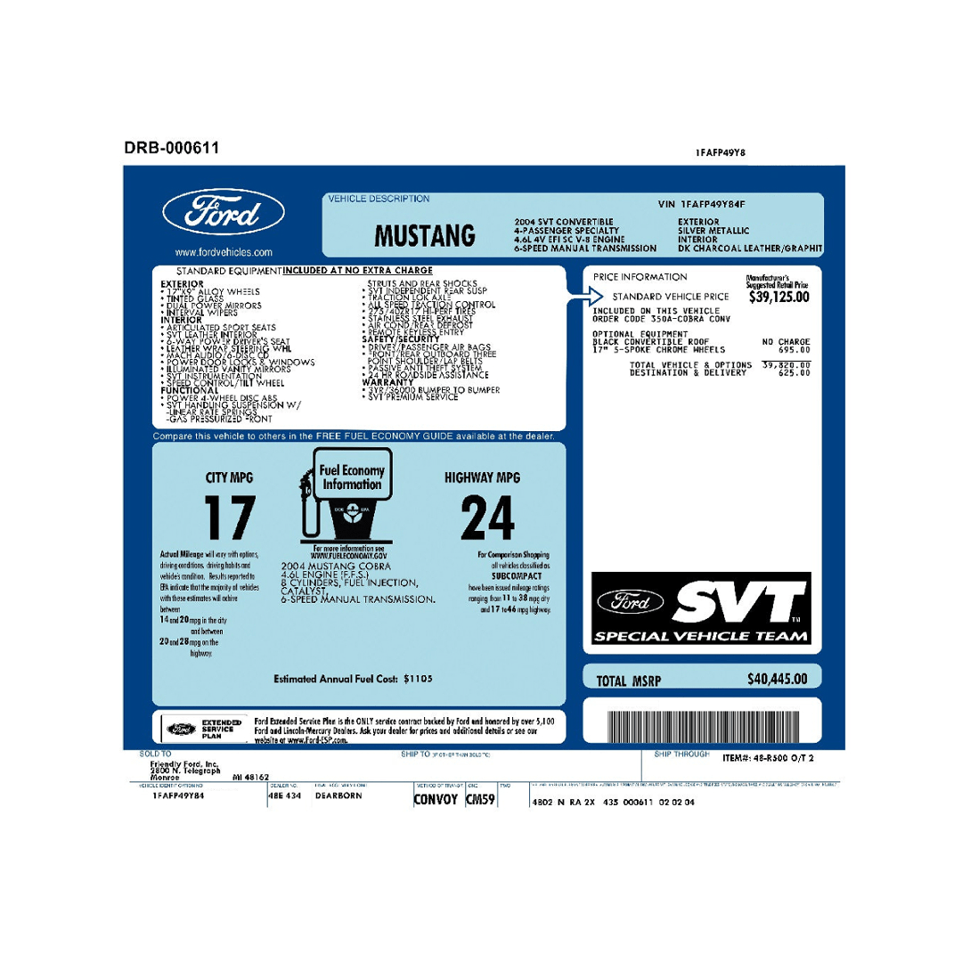 2003 - 2004 Mustang SVT Cobra Window Sticker (PLEASE READ FULL DESCRIPTION) - Ford Show Parts