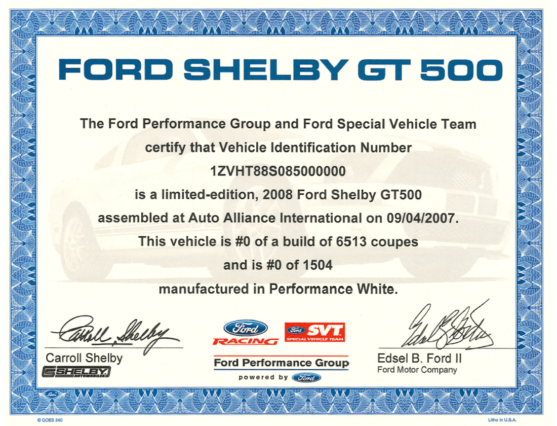 2007 - 2014 GT500 Certificate - Ford Show Parts