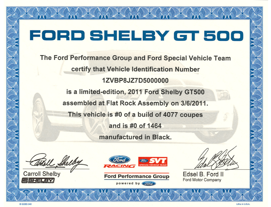 2007 - 2014 GT500 Certificate - Ford Show Parts