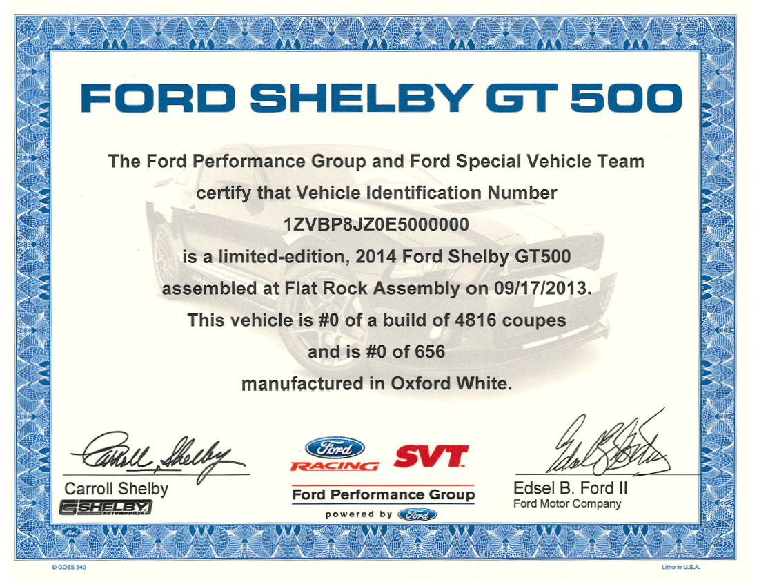 2007 - 2014 GT500 Certificate - Ford Show Parts