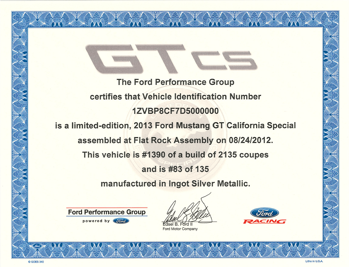 2007 - 2014 Mustang GT California Special Certificate - Ford Show Parts