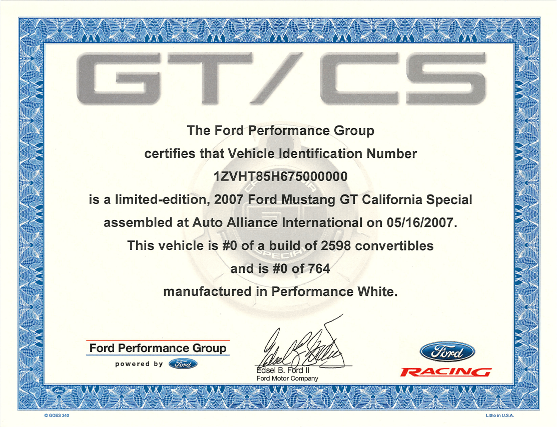 2007 - 2014 Mustang GT California Special Certificate - Ford Show Parts