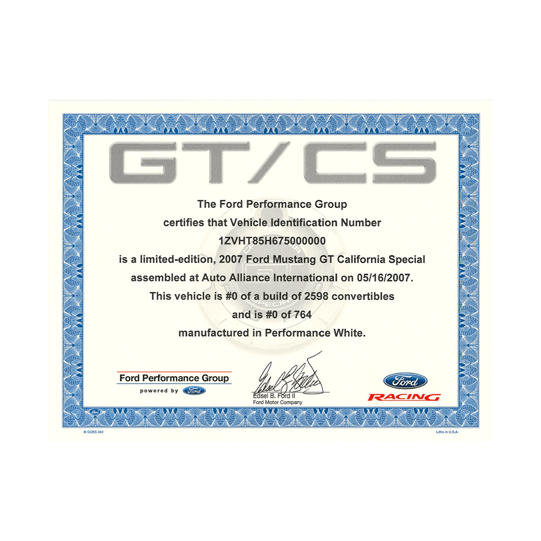 2007 - 2014 Mustang GT California Special Certificate - Ford Show Parts