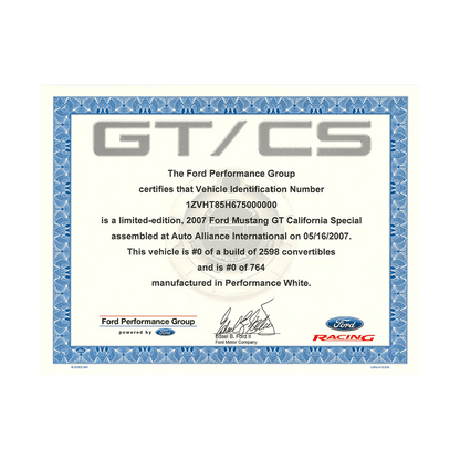 2007 - 2014 Mustang GT California Special Certificate - Ford Show Parts