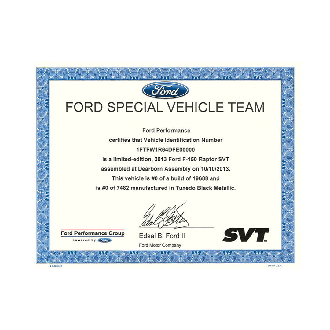 2010 - 2017 F - 150 Raptor Certificate - Ford Show Parts