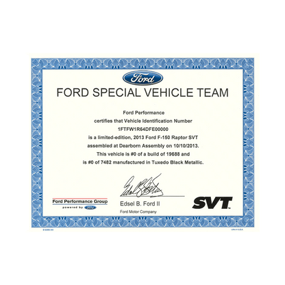 2010 - 2017 F - 150 Raptor Certificate - Ford Show Parts