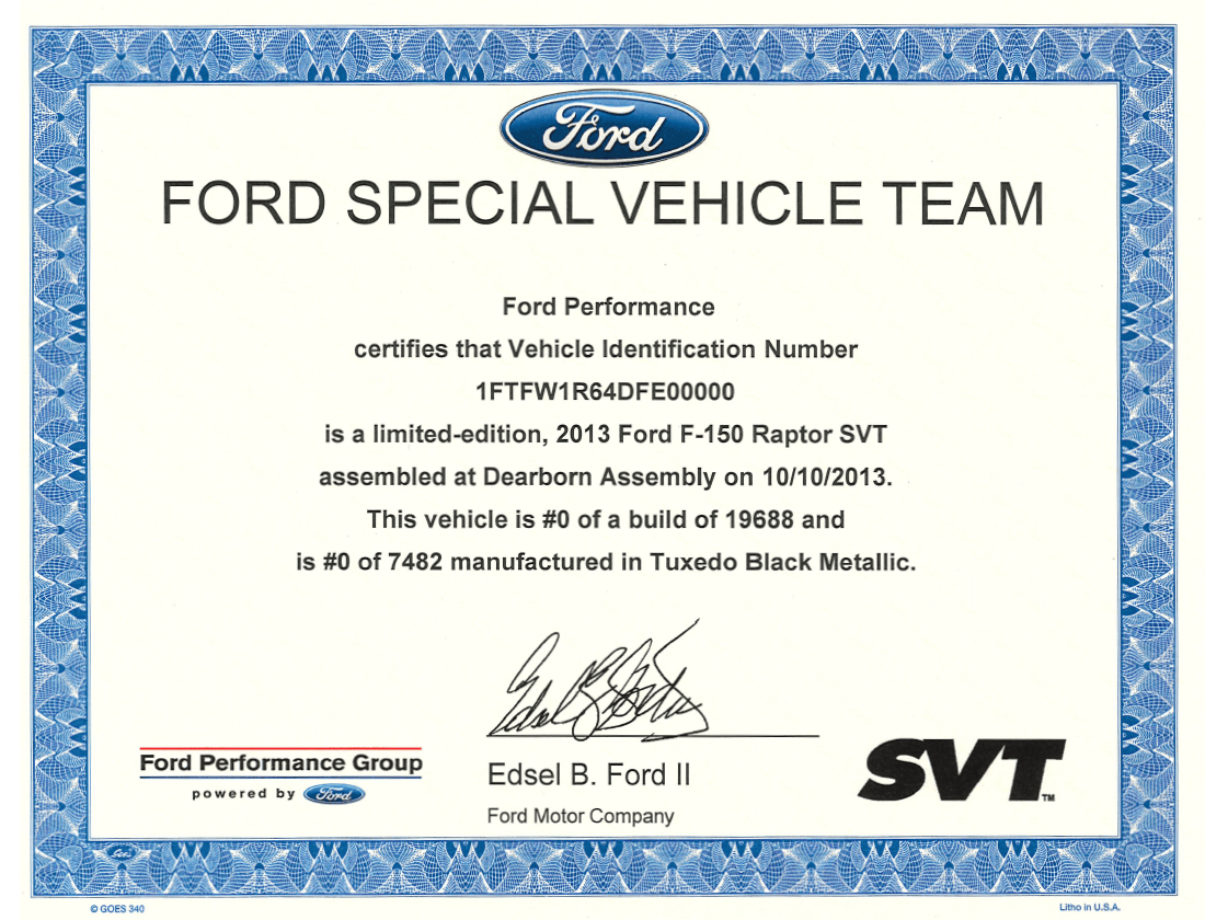 2010 - 2017 F - 150 Raptor Certificate - Ford Show Parts