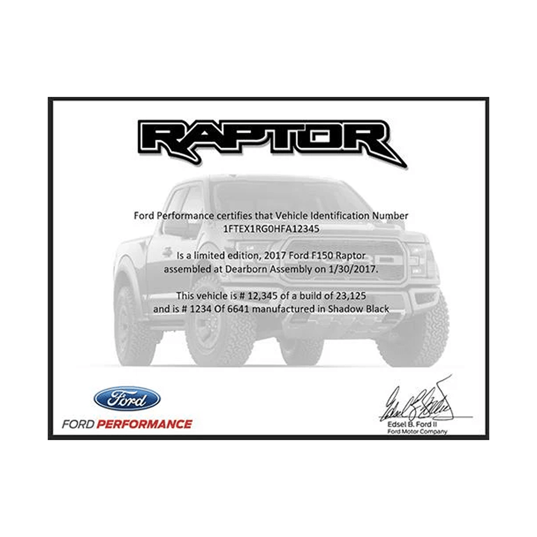 2010 - 2017 F - 150 Raptor Certificate - Ford Show Parts