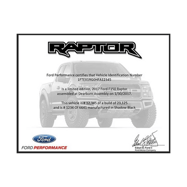 2010 - 2017 F - 150 Raptor Certificate - Ford Show Parts