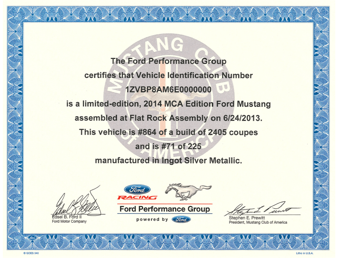 2011 - 2014 Mustang MCA EDITION Certificate - Ford Show Parts