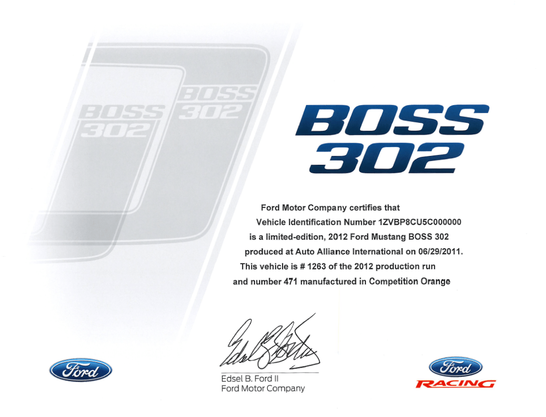 2012 - 2013 BOSS 302 Certificate - Ford Show Parts