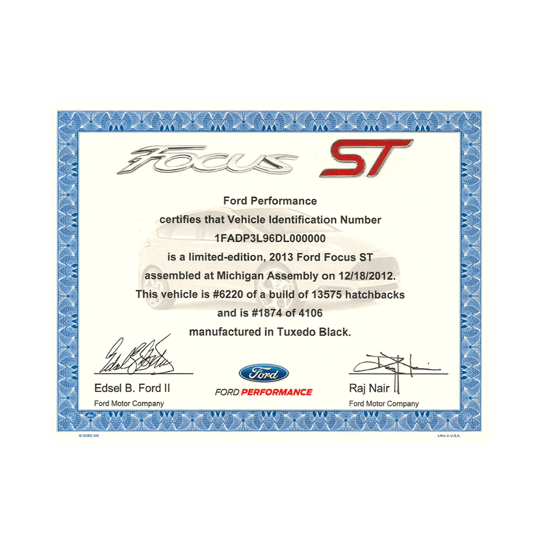 2013 - 14 Focus ST Certificate - Ford Show Parts