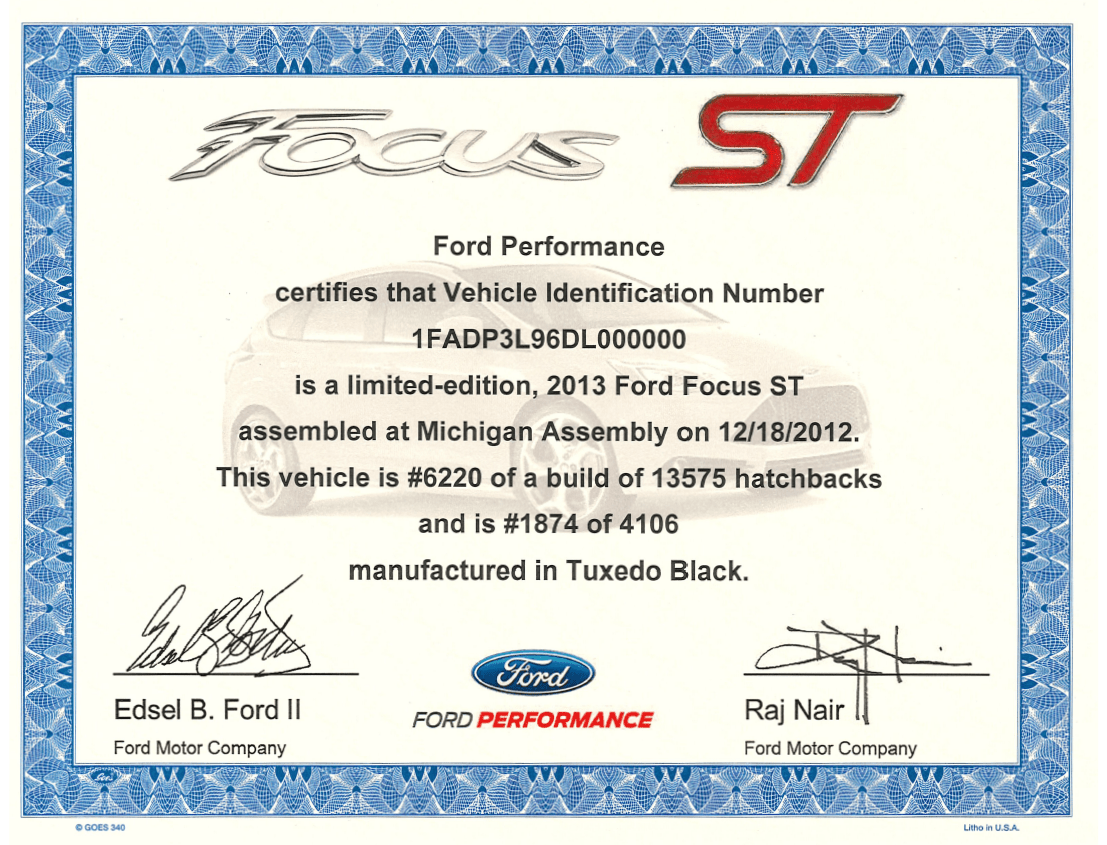 2013 - 14 Focus ST Certificate - Ford Show Parts