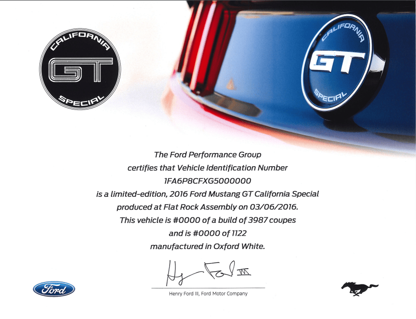 2016 - 2017 Mustang GT California Special Certificate - Ford Show Parts