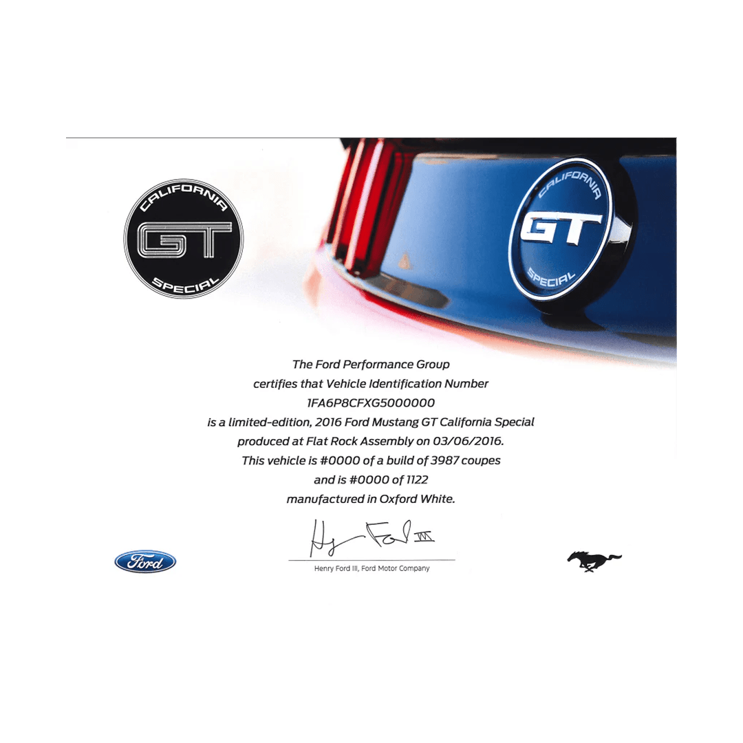 2016 - 2017 Mustang GT California Special Certificate - Ford Show Parts