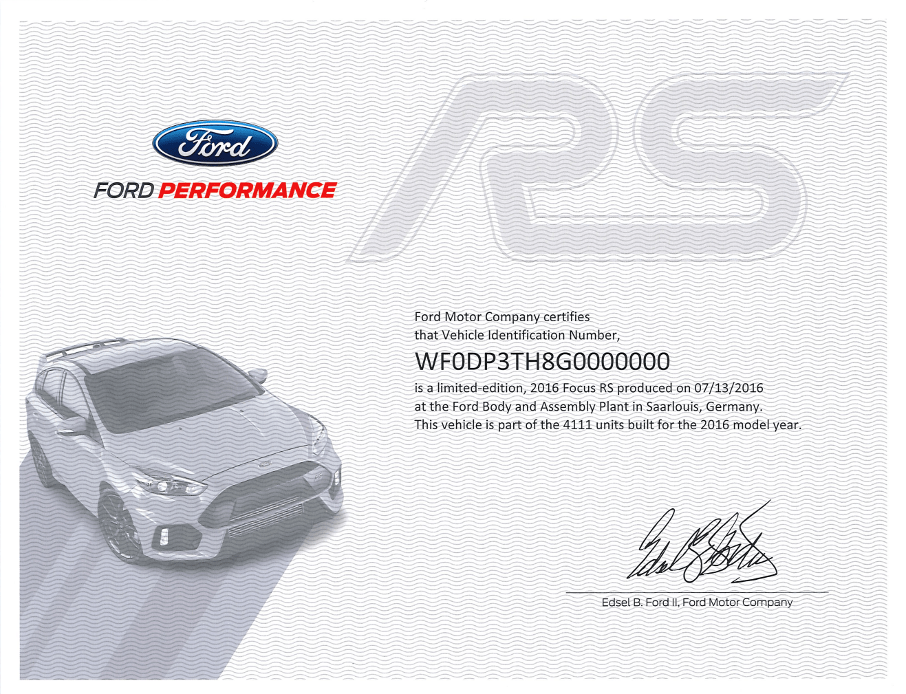 2016 - 2018 Focus RS Certificate of Authenticity - Ford Show Parts