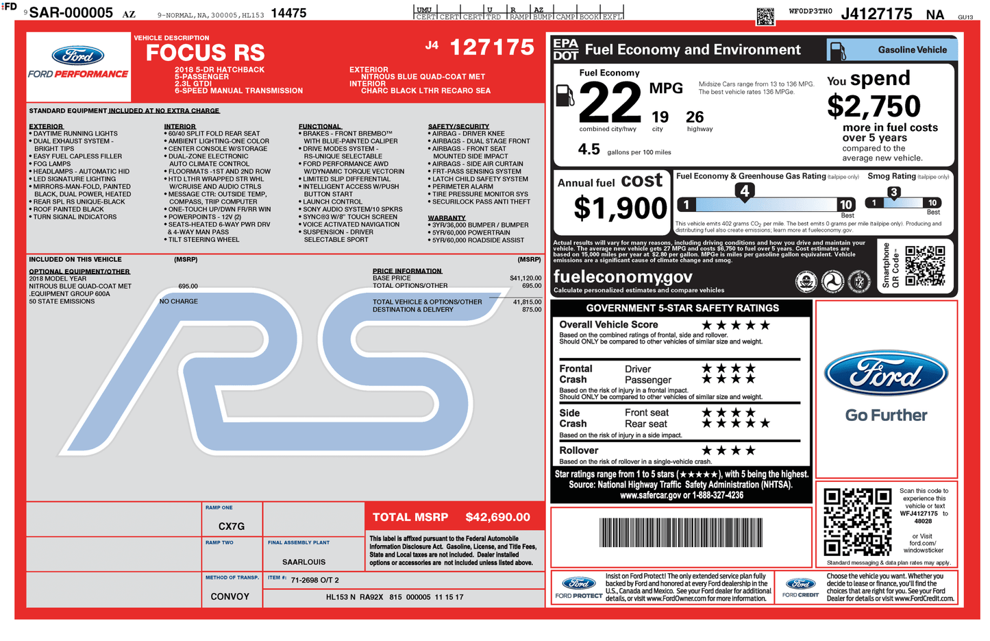 2016 - 2018 Focus RS Certificate Package - Ford Show Parts